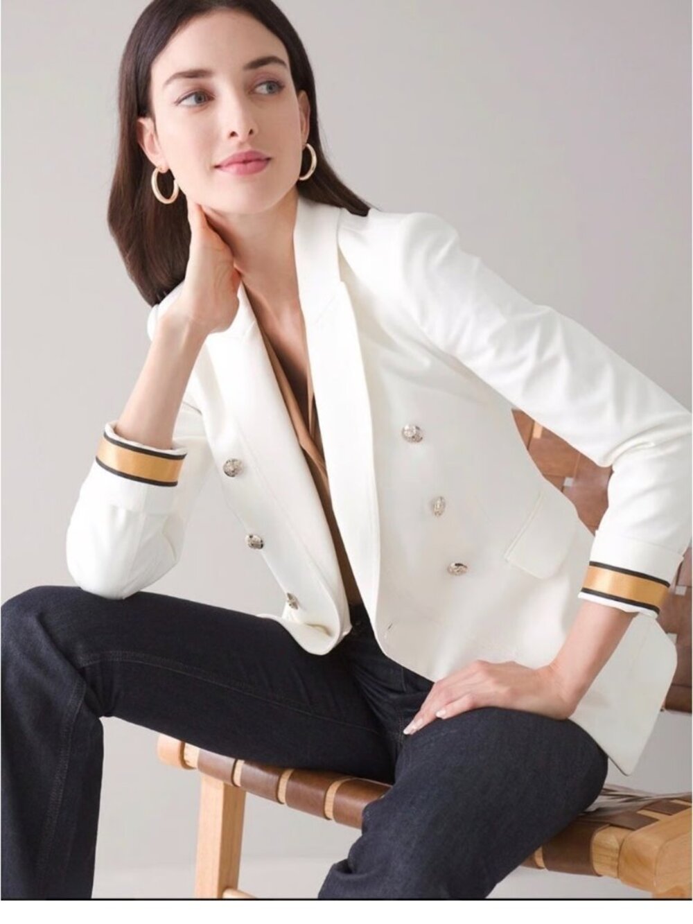 White Double-Breasted Studio Blazer Gold Trim Cuffs White House Black Market 8